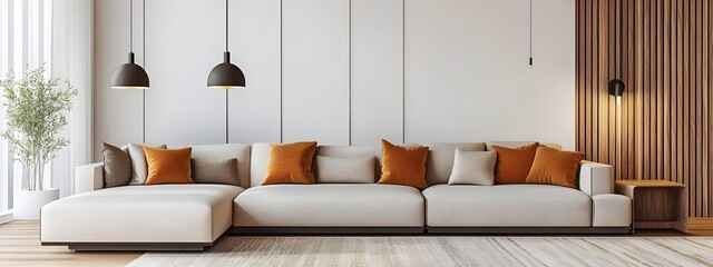 Wall Mural - Cozy and Inviting Modern Living Room with Large Comfortable Sectional Sofa and Minimalist Stylish Decor Bright Color Accents and Natural Wood Tones Bringing Warmth Detailed Digital