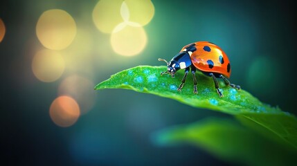 Wall Mural - Ladybug on a Green Leaf