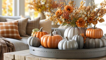 Sticker - Warm autumn living room adorned with pumpkins and floral decor, featuring a charming arrangement on a wooden table that captures the essence of fall season.