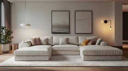 Cozy and inviting modern Scandinavian style living room with a large comfortable sectional sofa minimalist yet stylish decor