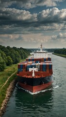 A large cargo ship navigates a narrow channel, illustrating transportation concepts.