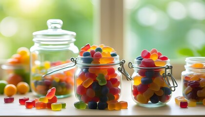 Poster - Colorful assortment of vitamin gummies in a glass jar for daily fruity nutrition