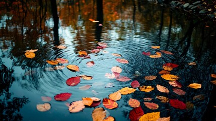 Sticker - Colorful autumn leaves floating on a calm blue pond, with a blurred reflection of trees in the background.