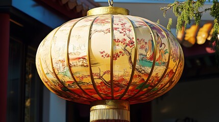 Oval-shaped Chinese lantern with gold detailing and traditional cartoon patterns