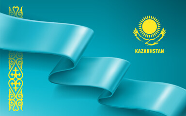 Wall Mural - Waved silk ribbon on a blue background with a traditional kazakh ornament. The sun and the eagle are the symbol of Kazakhstan. Background for greeting card of national holidays in Kazakhstan
