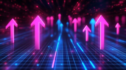 Fototapete - An upward futuristic arrow represents the thriving growth of business investment, set against a backdrop of analytics and dynamic success, AI-generated.