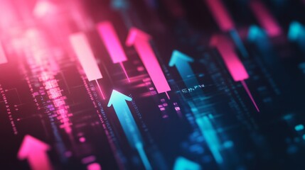 Fototapete - A futuristic upward arrow highlights growth, business development, and success on a background driven by analytics, generated by AI.