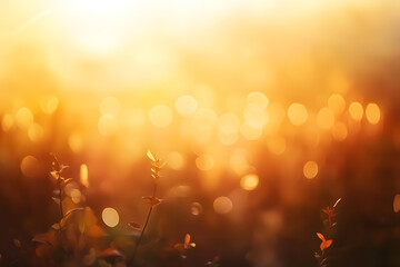 An autumn blurred abstract nature background image of a golden yellow and brown autumn landscape at sunset.