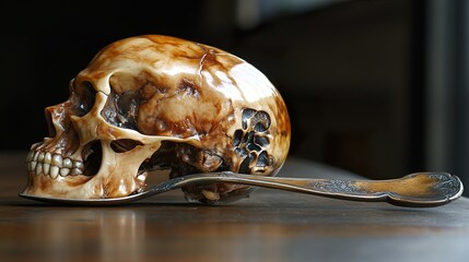 Human Skull Resting on an Ornate Spoon: A Still Life of Mortality