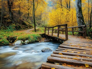 Sticker - Wooden Bridge Over a Stream in Autumn