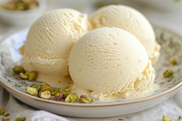 Close-up of vanilla ice cream scoops. Perfect for a sweet treat or dessert photo.