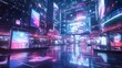 © Bos Amico - Futuristic digital marketplace scene with holographic product displays virtual reality shopping technology and neon lit shopping plaza in a clean minimalist retrofuturistic urban cityscape