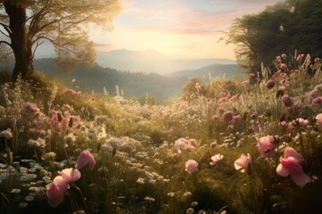 Wall Mural - Meadow with Spring flowers wilderness landscape sunlight.