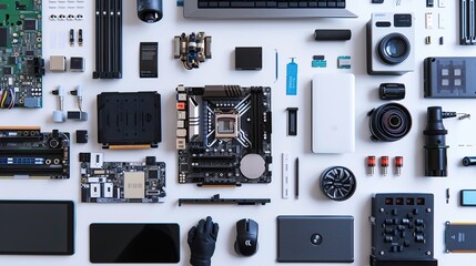 An array of different computer hardware components laid out on a clean, minimalist table