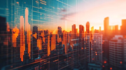 Wall Mural - Futuristic City Skyline at Sunset with Financial Data Overlay