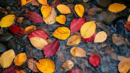 Colorful autumn leaves floating on the surface of a stream, creating a beautiful pattern of reds, yellows, and browns.