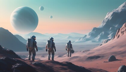 Wall Mural - Exploration of Rocky Terrain by Astronauts on an Alien Planet with Majestic Mountains in the Distance