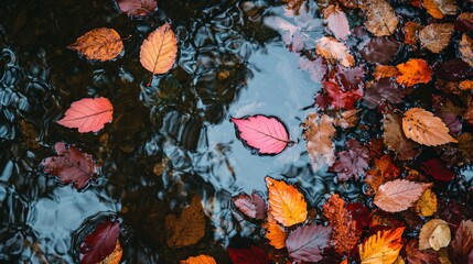 Poster - Colorful fall leaves float on the surface of a calm stream.