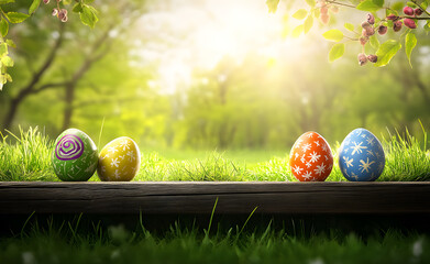 Three painted easter eggs celebrating a Happy Easter on a spring day with a green grass meadow, bright sunlight, tree leaves and a background with copy space and a wooden bench to display products.