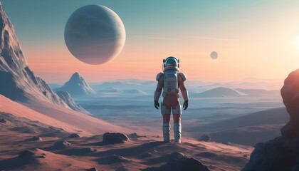 Wall Mural - Astronaut gazing at stunning alien landscape under a breathtaking sunset