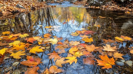 Poster - Fallen autumn leaves float in a calm stream, their reflections mirrored on the surface of the water.