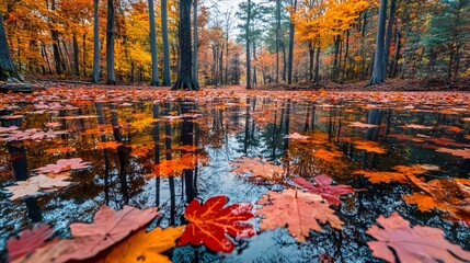 Wall Mural - Fallen autumn leaves reflecting in a puddle of water in the forest.