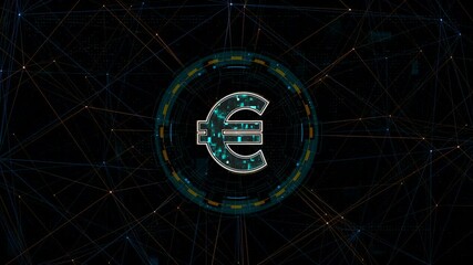 Wall Mural - motion graphic of blue digital money logo with circle futuristic hud elements and orange line connec