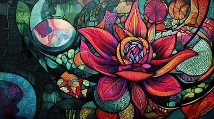 Wall Mural - A colorful painting of a flower with a blue background