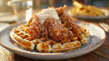 Poached egg chicken and waffles