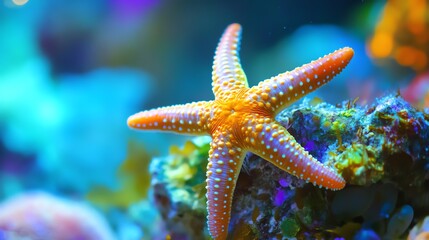 A vibrant starfish resting on colorful coral, showcasing intricate details and bright hues in a serene underwater environment.