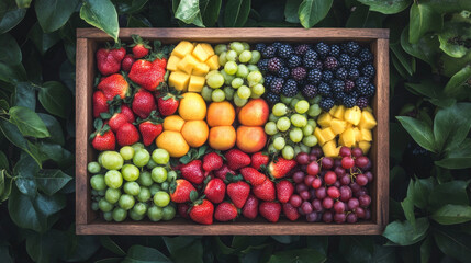 Colorful variety of fruits neatly arranged on a wooden tray, surrounded by greenery,