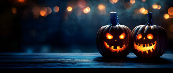 Wall Mural - Two halloween lanterns with evil eyes and face on a wood table with a spooky dark blue background at night with light bokeh.