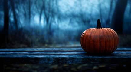 Wall Mural - One spooky halloween pumpkin blank template on a wooden bench with a misty forest night background with space for product placement.