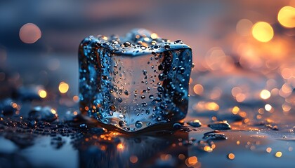 Wall Mural - Charming close-up of a sparkling soda glass with glistening ice cubes against a whimsical bokeh twilight backdrop in vibrant watercolor style