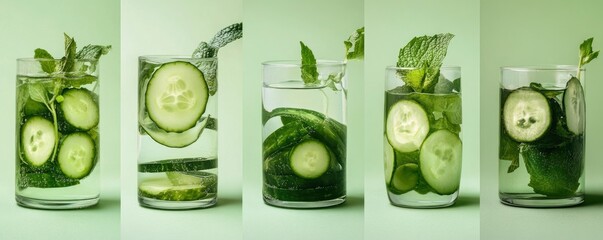 Sparkling water in jar with cucumber and mint leaves