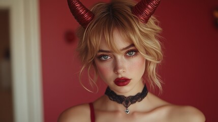 Wall Mural - Gothic Demoness Fantasy Portraits: Dark, Mysterious, and Seductive Beauty in Red