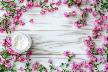 Wall Mural - Cosmetic cream container and pink flowers on white wooden background from top view - generative ai