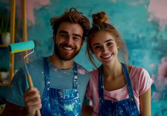 Happy young couple painting their living room, holding a paint roller and brush and smiling.