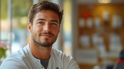 Close-up of a young man smiling in a casual setting, showcasing confidence and a friendly demeanor.