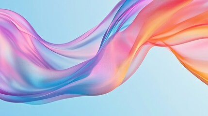 Wall Mural - Abstract ribbons in pink, blue, and orange swirl and flow smoothly on a light blue background, creating dynamic motion. No people.