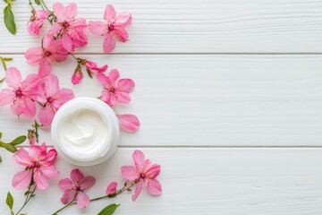 Wall Mural - Cosmetic cream container and pink flowers on white wooden background from top view - generative ai