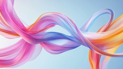 Wall Mural - Abstract ribbons in pink, blue, and orange swirl dynamically across a light blue background, creating fluid motion. No people.