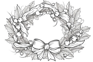 Hand drawn of Christmas wreath on a white background. Coloring book for kids and adults. Antistress coloring page, print, emblem,logo or tattoo,design, decor, T-shirt.