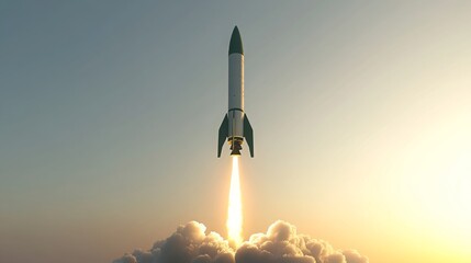 Aufkleber - A white and green rocket is seen taking off from a cloud bank, with a trail of smoke and fire behind it. The sky is a clear blue with streaks of orange and yellow from the setting sun.