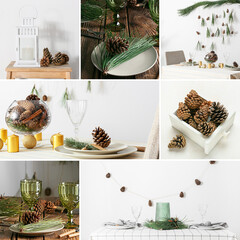 Wall Mural - Collage of beautiful table setting with pine cones and green branches. Christmas and New Year celebration