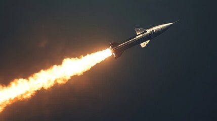 Aufkleber - A rocket ascends rapidly, leaving a trail of bright flames behind it. The powerful propulsion is evident as it pierces the atmosphere, representing a significant achievement in aerospace technology.