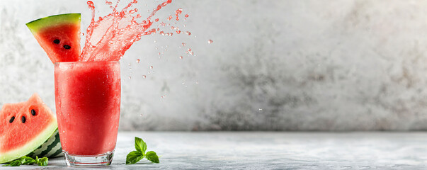 Wall Mural - Refreshing watermelon juice splashing into glass with vibrant colors