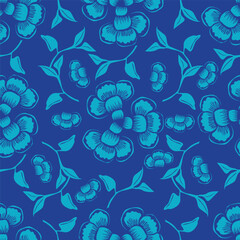 blue seamless vector stock flowers with leaves pattern on cream background