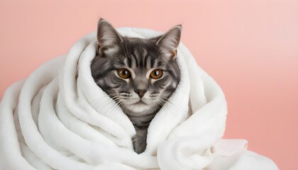 Wall Mural - Cozy tabby cat wrapped snugly in a soft towel