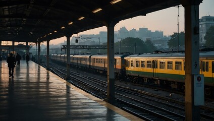 Busy train station in the early morning with parked trains.